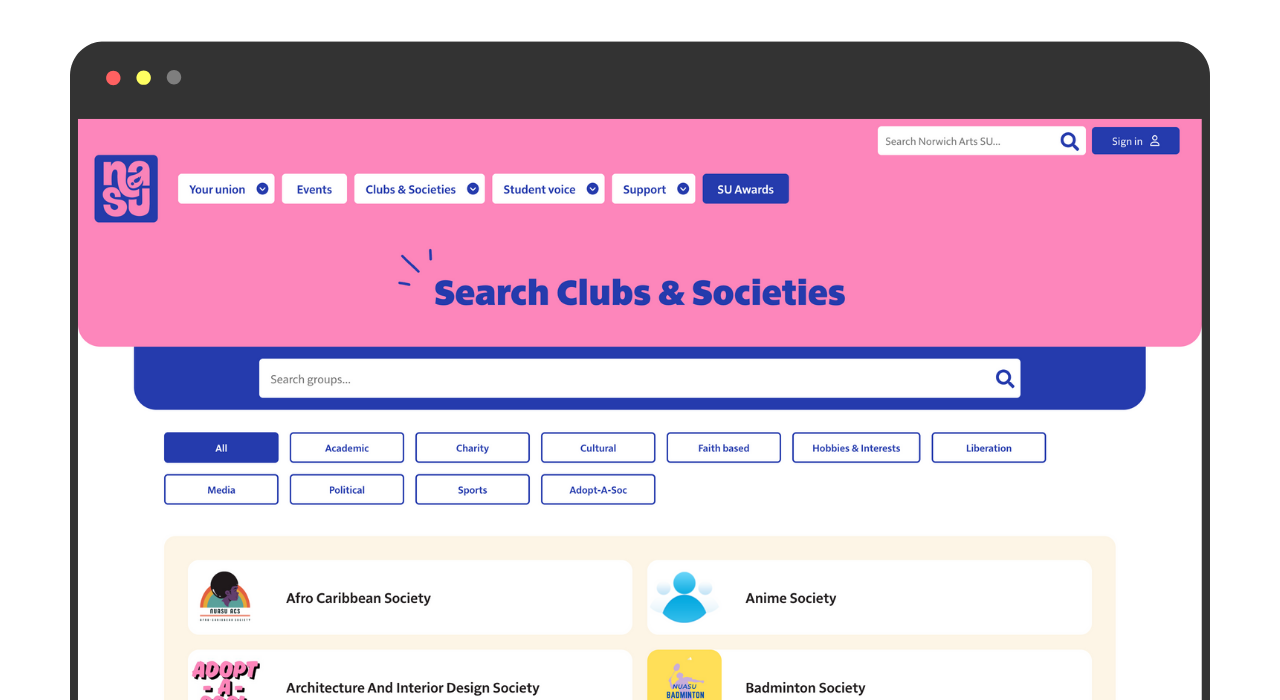 Screenshot of Norwich Arts SU website societies search